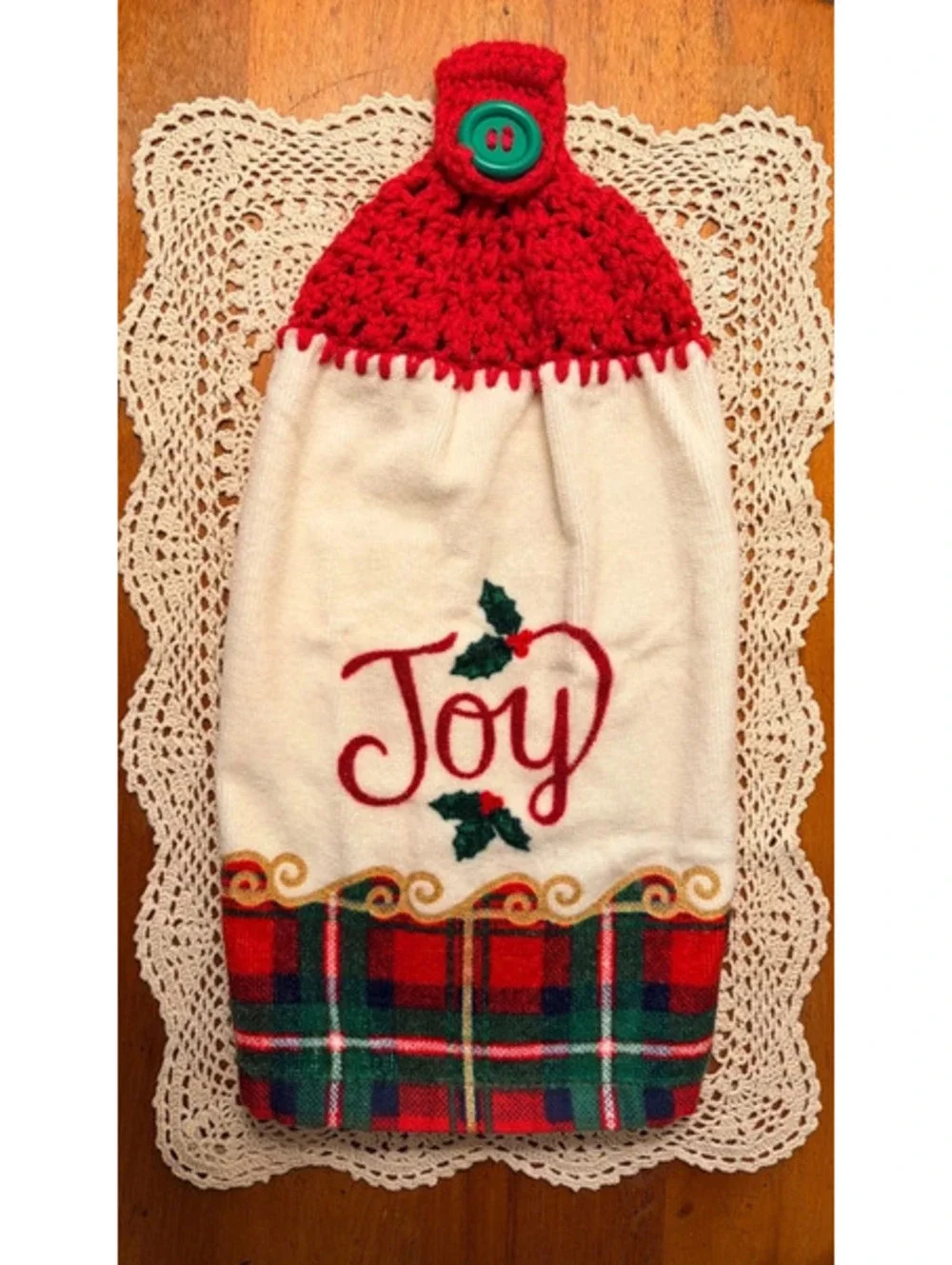 Crochet Top Christmas Hanging Kitchen Towel Set, Joy & Noel Holiday Towels